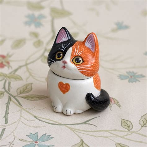 Cute Cat Figurine Ceramic Calico Cat Figurine White And Black Cat