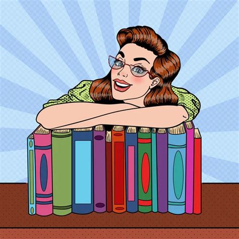 Pretty Pop Art Young Woman Sitting And Reading Book On Stack Of Books