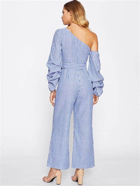 Shein Asymmetric Shoulder Bow Waist Gathered Sleeve Jumpsuit Jumpsuit