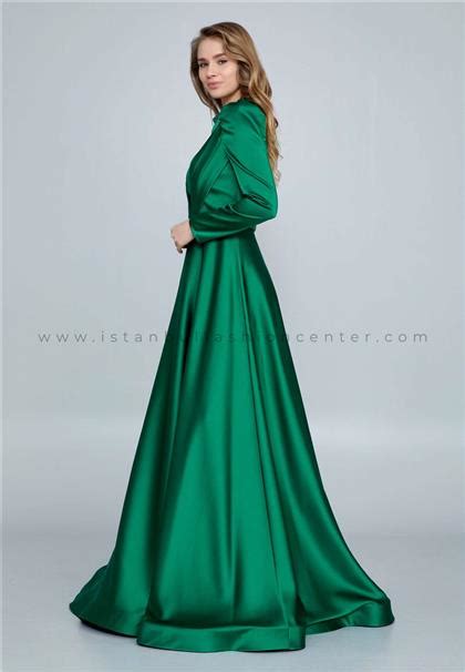 Favella Long Sleeve Maxi Satin Mermaid Regular Green Wedding Guest