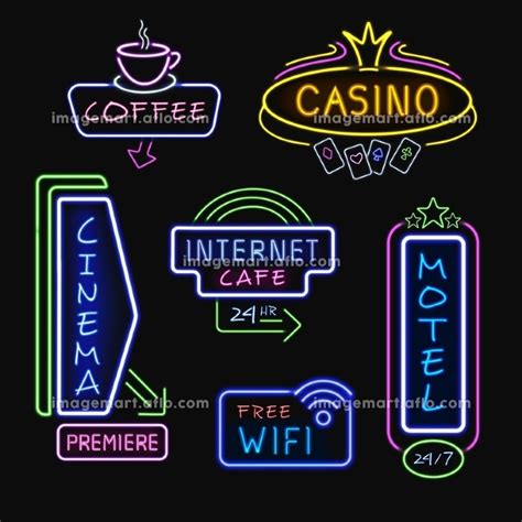 Neon Signboards Realistic Night Icons Collection Neon Hotel Internet