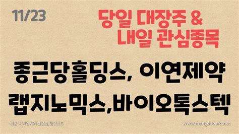 주식 대장주and내일 관심종목랩지노믹스진매트릭스박셀바이오바이오톡스텍이연제약우리기술투자kpx생명과학엔투텍켐온줌인터넷