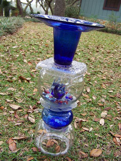 Cobalt Blue And Clear Glass Bird Feeder Sold Glass Bird Feeders Diy Bird Bath Upcycle Glass