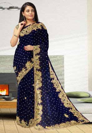 Hand Embroidered Georgette Saree In Royal Blue SEH3549