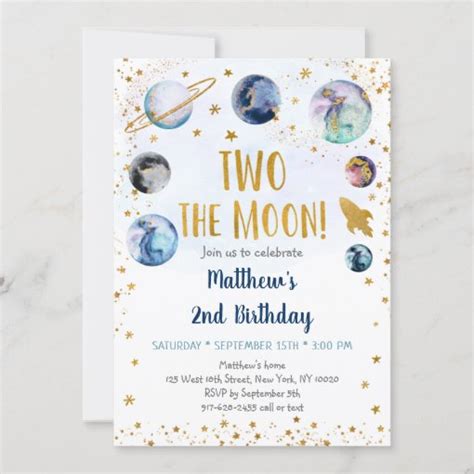 Galaxy Two The Moon Blue Gold Outer Space Birthday Invitation Zazzle