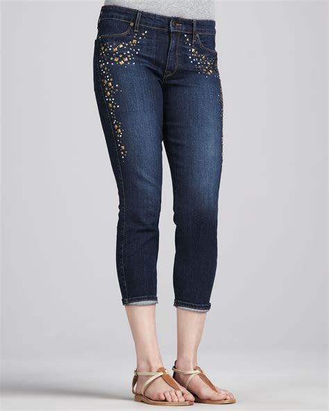 Lyst Cj By Cookie Johnson Believe Beaded Cropped Denim Jeans In Blue