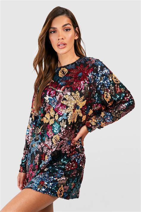 Premium Floral Sequin Shift Dress Boohoo