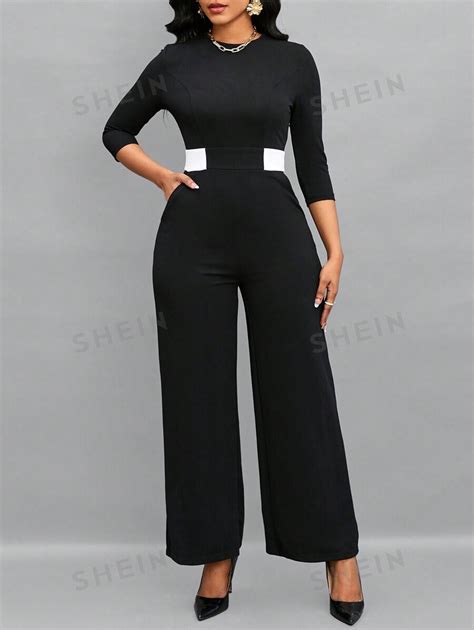 SHEIN Lady Contrast Panel Slant Pocket Wide Leg Jumpsuit SHEIN USA