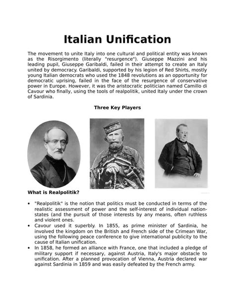 Italian Unification Worksheet