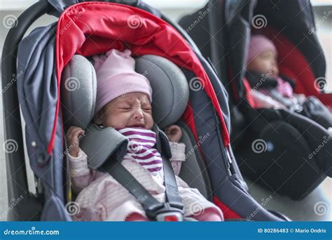 Newborn Baby Twins Girl Sitting in a Car Seat Stock Image - Image of ...