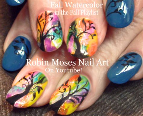 Nail Art by Robin Moses: Rainbow Watercolor Tree Nails! Fall nail art ...