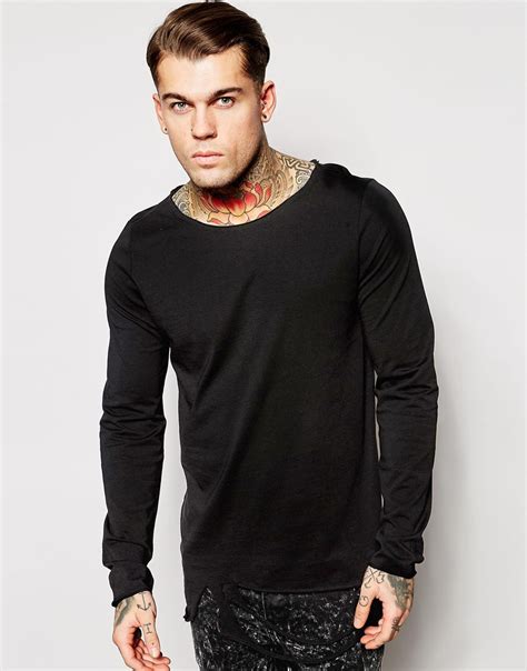 Lyst ASOS Longline Long Sleeve T Shirt With Distressed Hem And Raw