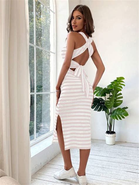 Shein Lune Striped Criss Cross Tie Backless Split Thigh Dress Shein Usa