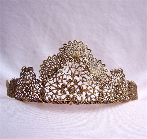 Vintage bridal tiara antiqued gold tone filigree handmade