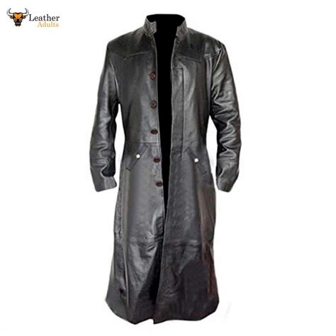 Mens Black Cowhide Leather Long Matrix Trench Coat Goth Steampunk Van Ksk Leather