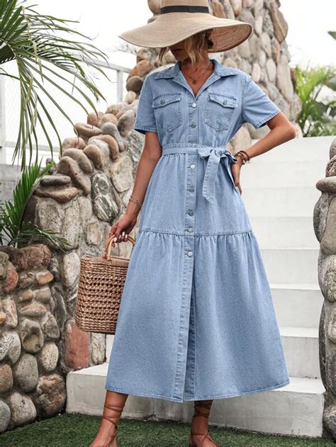 SHEIN Frenchy Flap Pocket Belted Ruffle Hem Denim Dress SHEIN USA