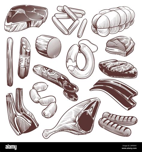 Hand Drawn Meat Sketch Meat Products Collection Beef Steak Pork