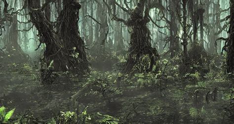 A Dense And Dark Enchanted Forest With A Swamp From Stable Diffusion