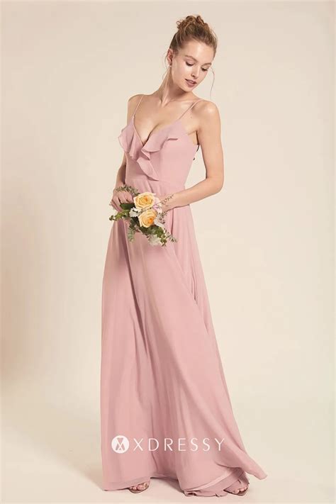 Blush Spaghetti Straps V Neck Long Bridesmaid Dress Xdressy