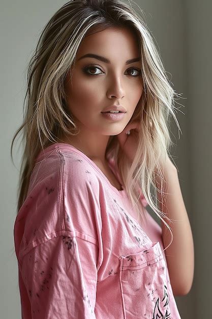 Premium Photo A Blonde Woman With Blonde Hair Wearing A Pink Shirt