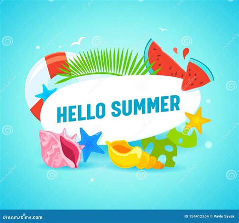 Hello Summer Banner With Typography And Summertime Items As Palm Leaves