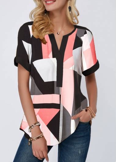 Rotita Geometric Print Multi Color Split Neck Short Sleeve Blouse