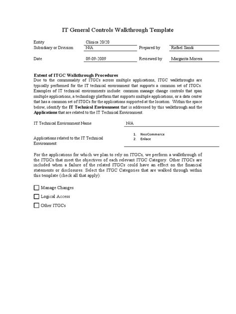 It General Controls Walkthrough Template Extent Of Itgc Walkthrough