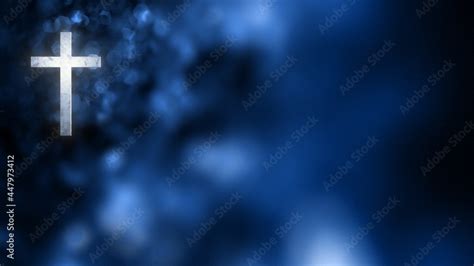 Christian Cross on Horizontal blue bokeh banner background with copy space. 3D illustration for ...