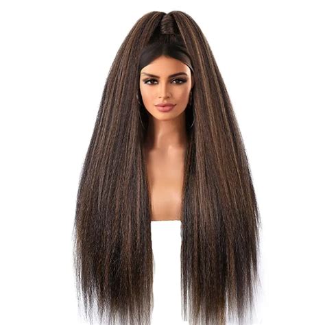 Synthetic Long Kinkly Straight Headband Wigs Black Brown Yaki Straight