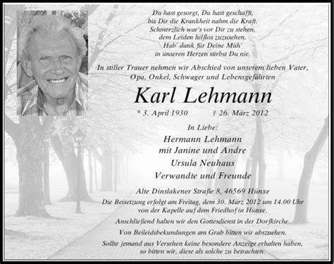 Alle Traueranzeigen F R Karl Lehmann Trauer Rp Online De