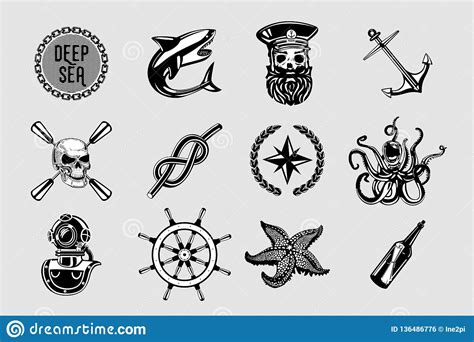 Nauitical Icons Set Vintage Marine Signs Collection With Sailing