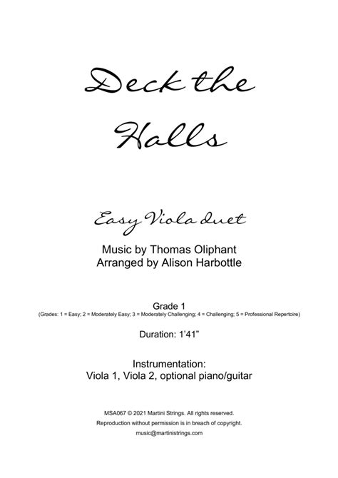 Deck The Halls Christmas Carol Easy Viola Duet Arr Alison