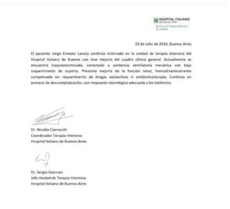 El Hospital Italiano difundió un nuevo parte médico sobre la salud de