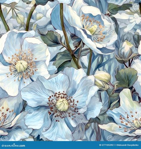 Watercolor Seamless Pattern With Helleborus In Blue Soft Neutral Tones