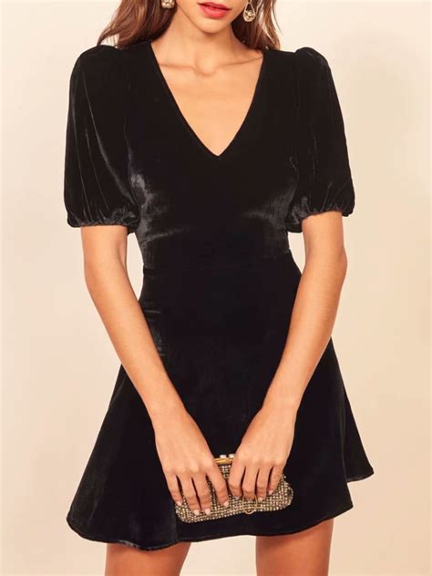 Black Velvet V Neck Puff Sleeve Mini Dress Choies