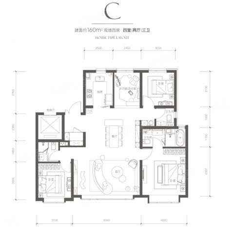 和光悦府160平c户型，和光悦府4室2厅2卫1厨约16000平米户型图，朝南朝向 北京安居客