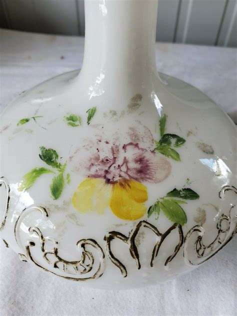 Antique Victorian White Milk Glass Vanity Perfume Bottle Hand Painted Flowers 2