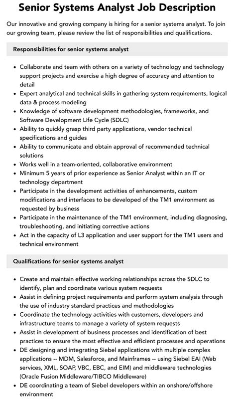 Senior Systems Analyst Job Description Velvet Jobs