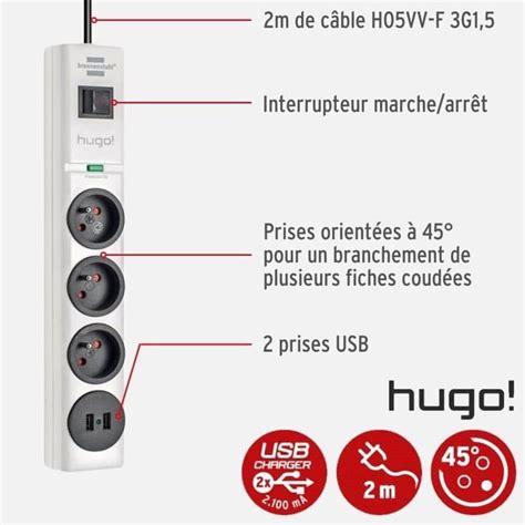 Multiprise Blanche 3 Prises 2 Prises USB Avec Parasurtenseur Et 2m