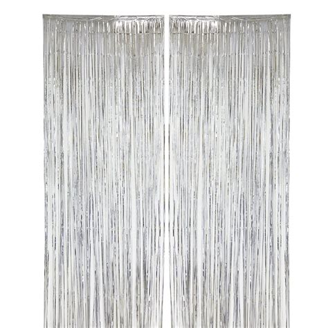 Blue Panda Silver Foil Fringe Curtains Metallic Tinsel Backdrop For