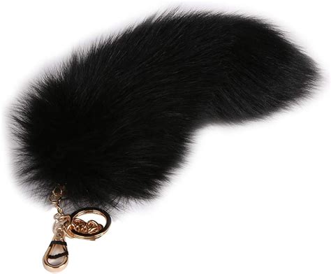 Ursfur Huge Fluffy Black Fox Tail Keychain Cosplay Fur Key Chain Ring