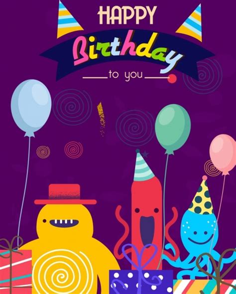 Birthday Card Template Cute Stylized Cartoon Characters Vectors Graphic