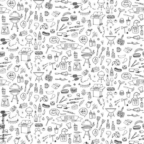 Seamless Background Hand Drawn Doodle Bbq Party Icons Set Vector