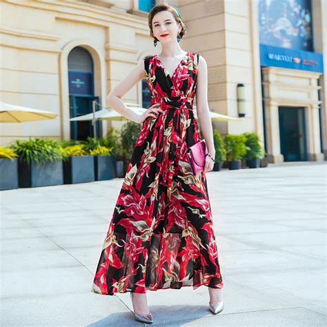 High Quality M Xxxl Floral Long Summer Dress 2018 Women Sleeveless V