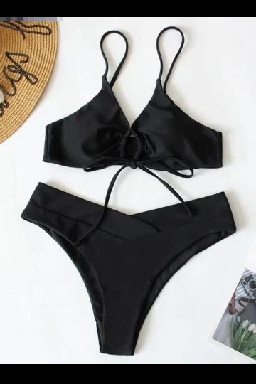 Kadın Siyah İp Detaylı Ayarlanabilir Askılı Astarlı Seksi Üçgen Bikini Takım HZL S LC