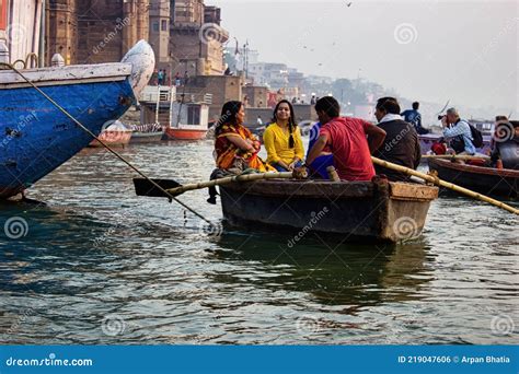 Varanasi India People Pilgrims And Tourists On Wooden Boat