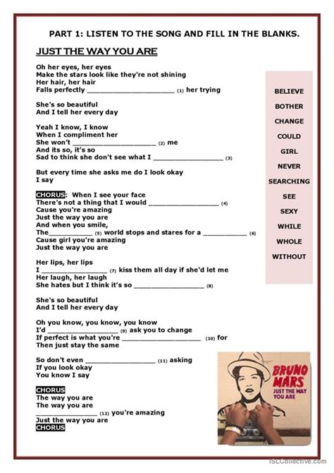 Just The Way You Are Bruno Mars English Esl Worksheets Pdf Doc