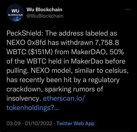 “the Address Labeled As Nexo 0x8fd Has Withdrawn 7 758 8 Wbtc 151m