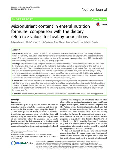 Pdf Micronutrient Content In Enteral Nutrition Formulas Comparison