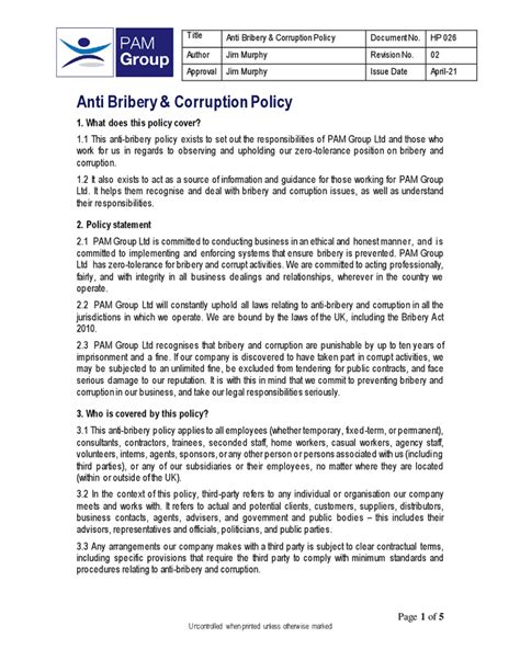 Anti Bribery And Corruption Policy Sample In Word And Pdf Formats